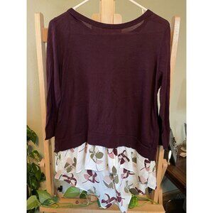 Loft Outlet | Burgundy Floral Shirttail Cotton Sweater | Size S